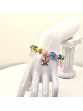 Colorful Beaded Starfish Charm Bracelet With Pink Blue Green & Gold Tone Accents
